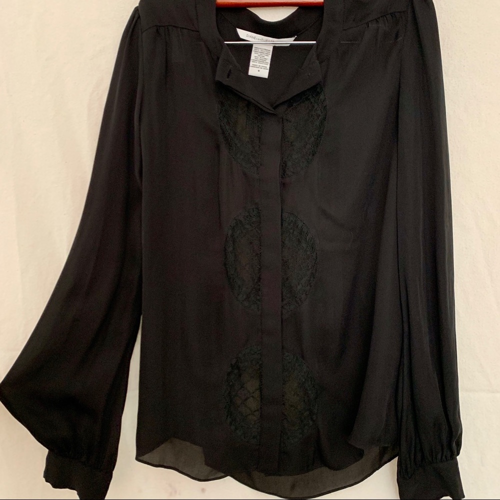 Diane Von Furstenburg Silk Lace Detail Long Sleeve